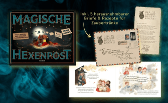 Mitmachbuch 'Magische Hexenpost' mit Beispielseiten, Briefen und Rezeptkarten für Zaubertränke auf dunklem Grund.
