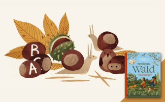 Herbst-Illustration mit Kastanien, Kastanienschnecken und Blättern neben dem Kinderbuch 'Spielplatz Wald'.