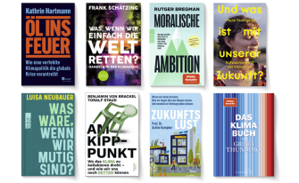 Frontalpräsentation von 8 Büchern zum Thema Nachhaltigkeit, Umwelt, Klima