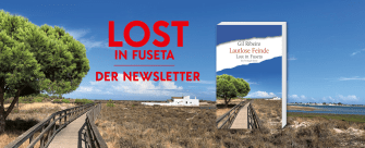 Portugisiesche Landschaft im Hintergrund mit dem Buch "Lautlose Feinde" von Gil Ribeiro und dem Slogan "Lost in Fuseta - Der Newsletter" 