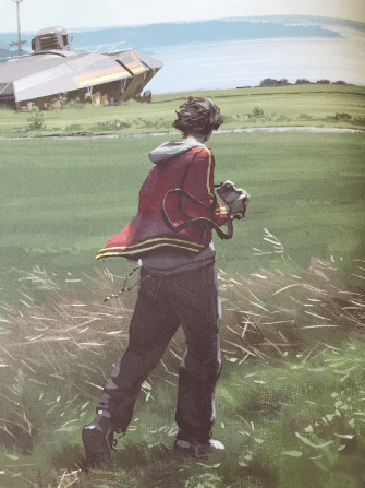 Ein junger in roter Jacke von hinten auf einer grünen Wiese, links oben im Bild ein futuristisches Gebilde