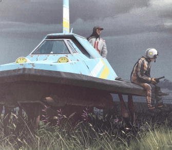 Eine Art futuristisches Fluggerät für maximal zwei Personen. Rechts sitzt ein Junge auf der Tragfläche, trägt Pilotenuniform und Helm. Links davon eine zweite Person stehend.