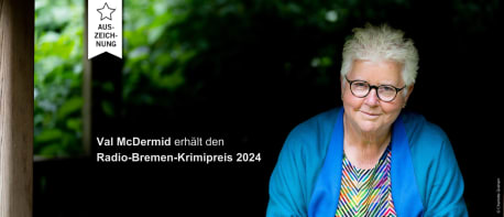 Autorenfoto von Val McDermid, sie schaut lächelnd in die Kamera. Daneben die Aufschrift "Val McDermid gewinnt Radio-Bremen-Krimipreis 2024"