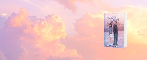 Ein Werbebanner für den Roman „Counting Days“ von Steffi Kuhlmann, dessen Buchcover vor dem Hintergrund eines traumhaften, in zarten Rosa- und Goldtönen erleuchteten Wolkenhimmels platziert ist.