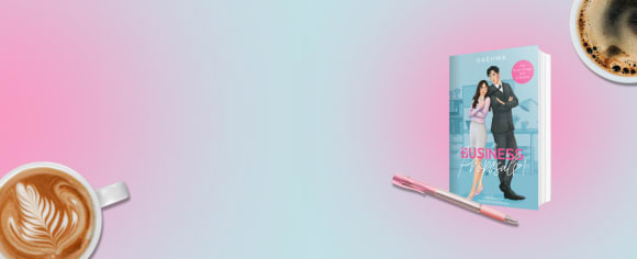 Vor einem weichen, rosa-blau verlaufenden Hintergrund, der mit zwei Kaffeetassen und einem rosa Stift dekoriert ist, steht rechts das Buch „A Business Proposal 1“ von Haehwa.