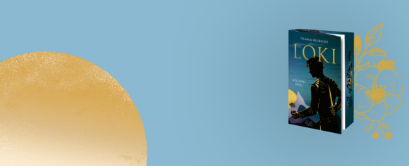 Auf einem schlichten blauen Banner mit einem großen, goldenen Kreiselement auf der linken Seite ist rechts das Buchcover von „Loki: His Dark Soul“ von Franka Neubauer neben einer feinen Goldillustration zu sehen.