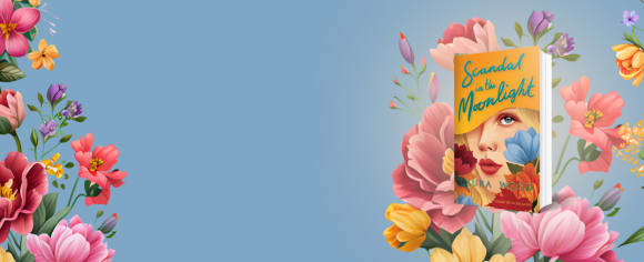 Ein blaues Banner, das links und rechts üppig mit farbenfrohen, gemalten Blumen eingerahmt ist, präsentiert auf der rechten Seite das Buch „Scandal in the Moonlight“ von Laura Wood.