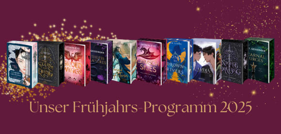 Bücher des Frühjahrs-Programms 2025 des Bramble Verlags vor dunkellila Hintergrund