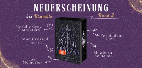Das Bild zeigt das Buch The Night is Defying von Chloe C. Peñaranda, Band 2 der Nytefall-Trilogie. Es ist umgeben von literarischen Tropen: Morally Grey Characters, Star-Crossed Lovers, Lost Memories, Forbidden Love und Slowburn Romance