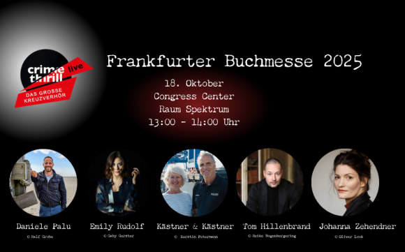 Banner mit Autor*innen, die bei der Crimethrill live Veranstaltung auf der Frankfurter Buchmesse 2025 teilnehmen