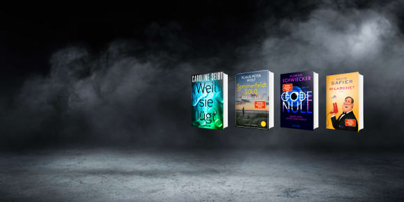 Ein Werbebanner für Buch-Neuerscheinungen, auf dem vier Romancover – „Weil sie lügt“ von Caroline Seibt, „Sommerfeldt SOLO – Der Auftrag“ von Klaus-Peter Wolf, „CODE NULL“ von Florian Schwiecker und „00-Laschet“ von David Safier – nebeneinander vor einem düsteren, von Rauch oder Nebel durchzogenen Hintergrund präsentiert werden.