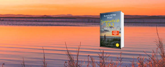 Ein Werbebanner für das Buch „Sommerfeldt SOLO – Der Auftrag“ von Klaus-Peter Wolf, dessen Cover vor dem stimmungsvollen Hintergrund eines ostfriesischen Wattes bei Sonnenuntergang platziert ist.