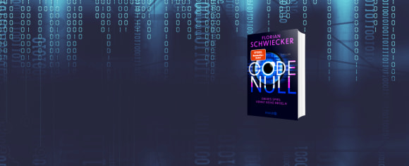 Ein Werbebanner für den Thriller „CODE NULL“ von Florian Schwiecker, dessen Buchcover vor einem dunkelblauen Hintergrund mit herabfallenden digitalen Binärcodes und Matrix-Effekten abgebildet ist.