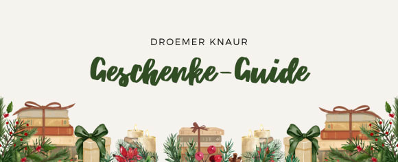 Weihnachtlicher Banner für den Droemer Knaur Geschenkeguide. Gestapelte Bücher, Geschenke und Tannengrün säumen den unteren Bildrand.