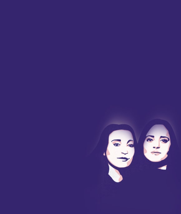 Lila Hintergrund, vorne rechts das Gesicht zweier Frauen