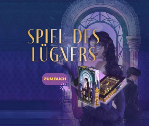 lila Hintergrund, goldene Schriftzug, aufgeschlagenes Buch 