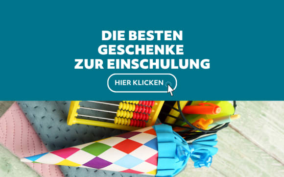 Banner für Geschenke zur Einschulung mit einer bunten Schultüte, einem Abakus und Stiften neben dem Text 