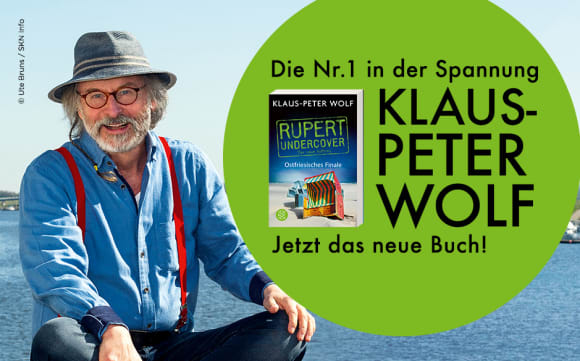 Banner mit einem Foto von Klaus-Peter Wolf, dem Cover von 