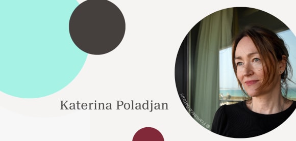 Grafik mit bunten Kreisen, einem Foto von Katerina Poladjan sowie dem Text