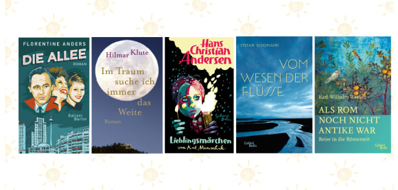 Das Banner zeigt fünf Cover von Galiani-Büchern vor einem Hintergrund mit gezeichneten Sonnen. Die Titel sind 