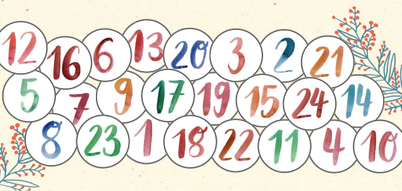 Adventskalenderzahlen mit weihnachtlichen Illustrationen