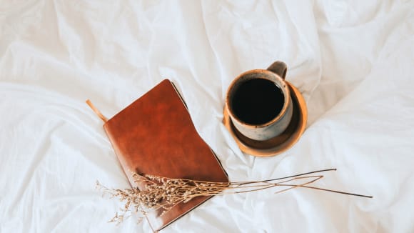 Teetasse, Journal und Trockenblume für eine ruhige Stimmung auf einer weißen Bettdecke