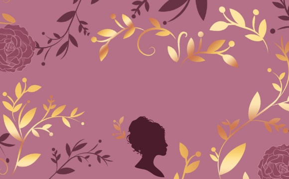 Zarte Blumenillustrationen und typisches Portrait von Jane Austen auf altrosanen Hintergrund