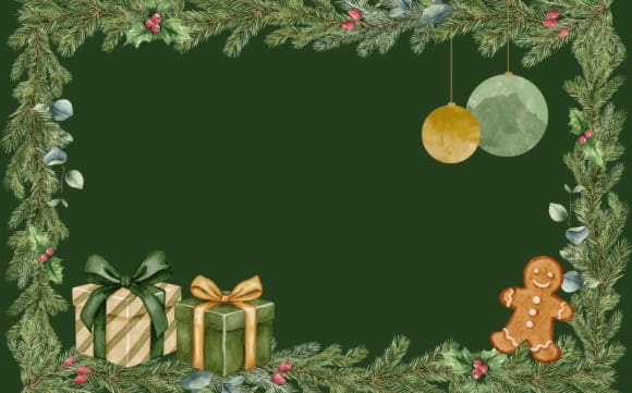 Weihnachtliche Illustrationen wie Geschenke, Kugeln und Lebkuchenmann auf grünem Hintergrund mit Tannengirlande