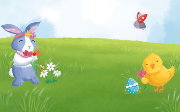 Eine farbenfrohe Illustration einer Frühlingswiese unter hellem Himmel. Links steht ein hellblauer Osterhase mit Blumenkranz und einer Kette, der einen bunten Strauß Tulpen hält. Auf der rechten Seite sind ein flauschiges gelbes Küken mit einer Blume, ein blaues Osterei mit weißer Schleife sowie ein Marienkäfer und eine Biene zu sehen.