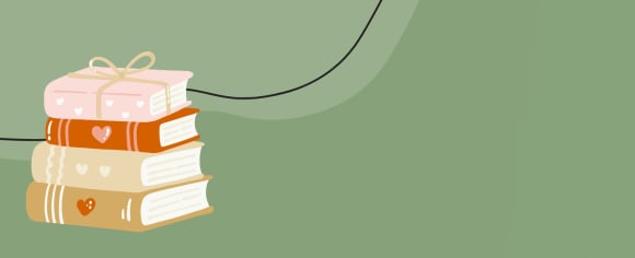 Grüner Hintergrund mit hellgrünem grafischen Element und einer dünnen schwaren Outline, Buchstapel in erdigen Tönen auf der linken Seite mit einem Buch als Geschenk verpackt oben auf dem Stapel