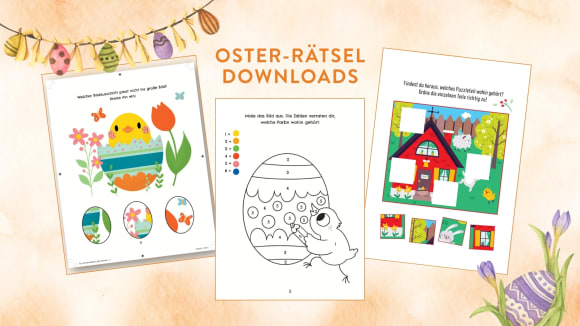 orangener Aquarellhintergrund, links oben und rechts unten befinden sich eine Ostergirlande und eine lilane Blume mit einem Osterei, 3 Beispielrätsel sind abgebildet mit der Überschrift 