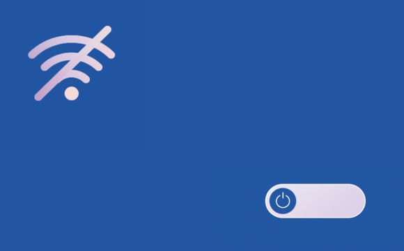 Ein breites Grafikbanner auf kräftigem, blauem Hintergrund, das das Thema „Digital Detox“ bzw. eine bewusste Offline-Zeit symbolisiert. Auf der linken Seite befindet sich ein hellrosa durchgestrichenes WLAN-Icon. Auf der rechten Seite ist ein minimalistischer Schiebeschalter (Toggle-Switch) abgebildet, der sich in der ausgeschalteten Position befindet und mit einem Power-Symbol versehen ist.