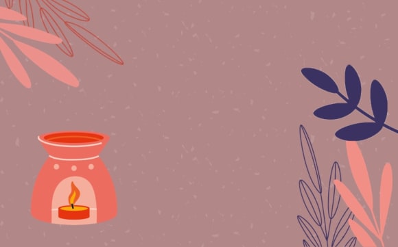 Ein Querformat-Banner auf einem matten, altrosafarbenen Hintergrund mit dezenter Sprenkel-Struktur. Unten links ist eine rote Duftlampe mit einer brennenden Teelicht-Kerze abgebildet. Der Rand ist mit minimalistischen, grafischen Pflanzenblättern in Dunkelblau und Rosa verziert, während die Mitte frei für Text bleibt.