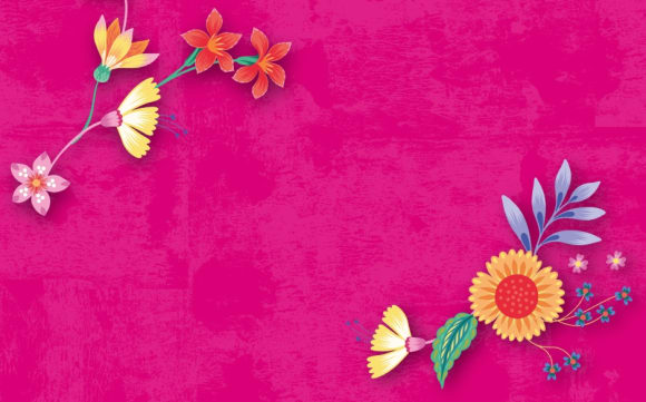 Ein breites, leuchtend pinkes Grafikbanner mit einer strukturierten Textur, die an eine rustikale Wand erinnert. Die linke und rechte Ecke sind mit bunten, stilisierten Blumen- und Blätterillustrationen verziert. Auf der linken Seite rankt ein filigraner Zweig mit gelben, roten und rosa Blüten ins Bild; auf der rechten Seite leuchtet eine große, sonnenblumenähnliche Blüte in Orange und Rot, umgeben von blauen Blättern und kleinen Vergissmeinnicht.