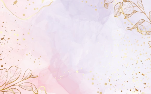 Ein dekorativer, horizontaler Hintergrund im Aquarell-Stil mit sanften Farbverläufen in Rosa, Hellviolett und Weiß. Auf der linken Seite sind feine, goldene Linienzeichnungen von Blättern und Zweigen zu sehen. Über die gesamte Fläche, besonders verdichtet auf der rechten Seite, verteilen sich feine goldene Sprenkel und Punkte, die dem Bild einen eleganten Glanz verleihen.
