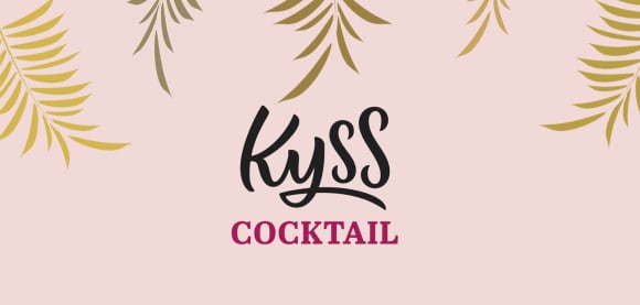 KYSS-Cocktail: Schriftzug auf rosa Hintergrund mit goldenen Palmblättern