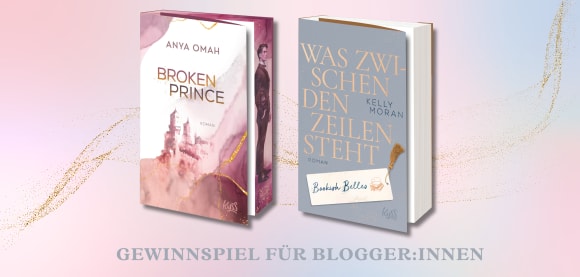 Banner, das das Gewinnspiel für Blogger:innen bewirbt. Abgebildet auf rosa-blauem Pastellhintergrund mit Goldsprenkeln sind die zwei zu gewinnenden Buchcover von