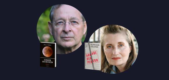 Banner mit Autorenproträts von Péter Nádas und Elfriede Jelinek und den Coverabbildungen ihrer Romane