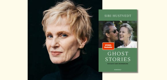 Porträtfotos von Siri Hustvedt, links daneben das Cover von dem Buch Ghost Stories