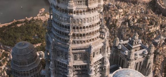Das Rad der Zeit - Screenshot aus dem Trailer, der eine gewaltige Stadt von oben zeigt, in deren Mitte ein großer weißer Turm steht