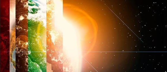 Otherland Book Recommendations Science Fiction 9/23, Zeigt die Erde vor dem schwarzen Weltraum, der Globus ist in verschiedene unterschiedlich farbige Scheiben aufgeteilt. Schwer zu beschreiben