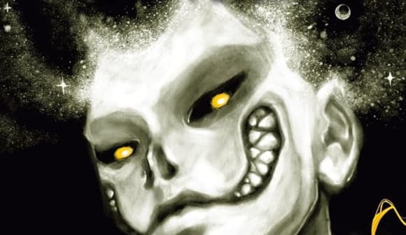 Totenkopfartiges Gesicht, mit breitem Grinsen, das Zähne zeigt und gelben Augen. Die Harre gehen in einen dunklen Sternenhimmel über.