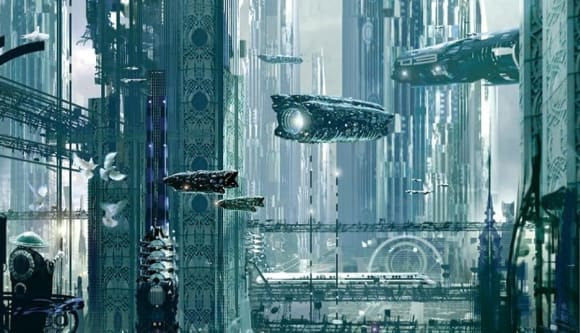 Coverausschnitt des Romans »Accelerando«. Eine futuristische Stadt in grau-Blau, mit Hochhäusern, fliegenden Autos, durchsichtigen Verbindungsröhren zwischen den Häusern und Schienenbahnen.