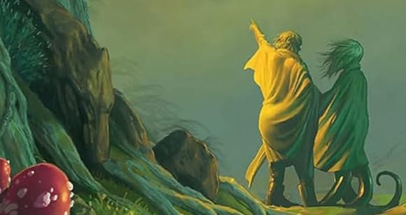 Zwei Figuren in Fantasygwandung stehen auf einem Pfad durch einen verwunschen wirkenden Wald mit großen Bäumen, Wurzeln und rot-weißen Pilzen. Sie zeige auf etwas in der Ferne. Alles in grünlichem Ton gehalten.