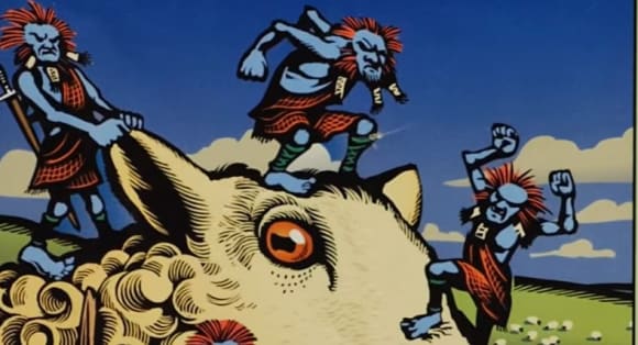 Kleine blaue Gnome mit roten Haaren und Schottenröcken, die auf einem Schaf rumkraxeln und grimmig dreinschauen.