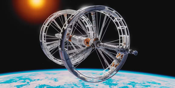 Generationenraumschiff im Weltraum über einem erdähnlichen Planeten, im Hintergrund die Sonne vor dem schwarzen Weltraum. Das Raumschiff besteht aus einer langen, schmalen Röhre, an deren Enden sich jeweils ein großes Rad befindet. Sie drehen sich, um Schwerkraft zu erzeugen.