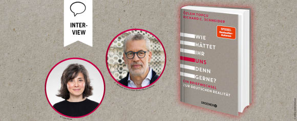 Autor*innenfotos von Özlem Topçu und Richard C. Schneider auf neutralem Hintergrund im Papieroptik. Daneben ist das Buch