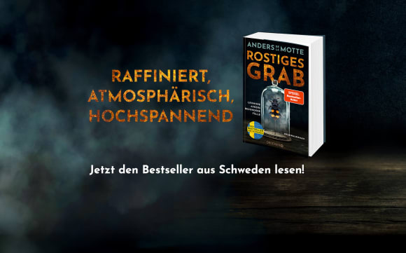 Banner für 'Rostiges Grab' von Anders de la Motte auf einem Holztisch vor dunklem, atmosphärischem Hintergrund mit dem Text 'Raffiniert, atmosphärisch, hochspannend'.