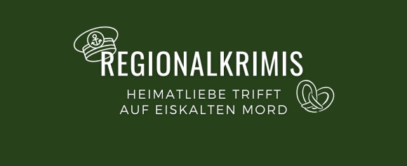 Logo für Regionalkrimis mit Kapitänsmütze und Brezel auf grünem Grund. Text: «Heimatliebe trifft auf eiskalten Mord».