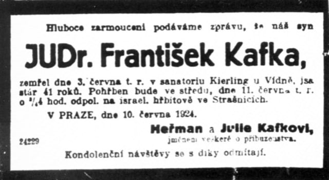 Abbildung der tschechischen Todesanzeige Franz Kafka